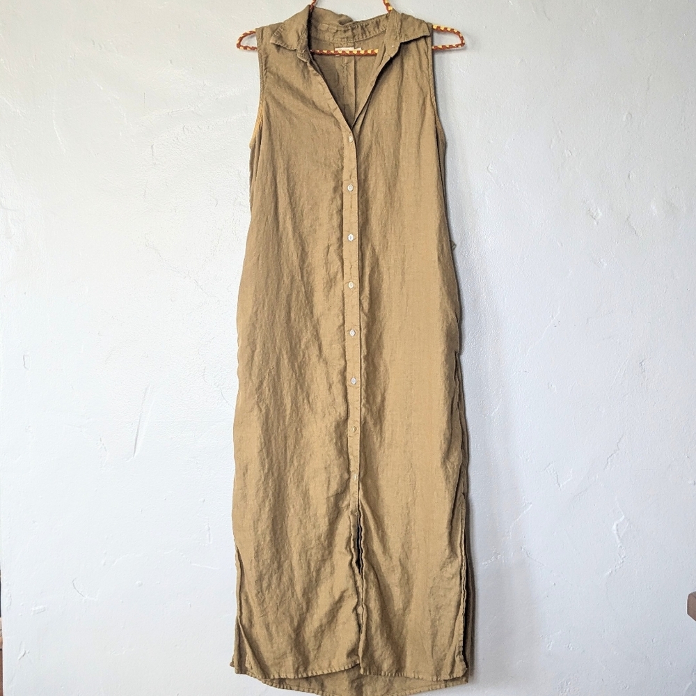 Faherty Sleeveless Linen Midi Shirt Dress - Olive/Tan - XS